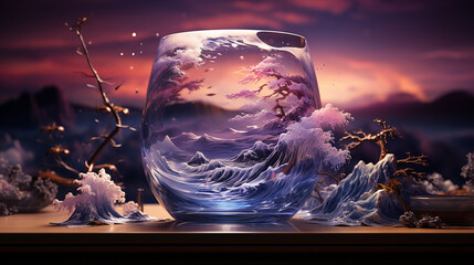 stormy seas and nature in glass. with details subtly incorporated into the glossy glass 3d generative ai
