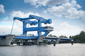 Bascule bridge in Wolgast called Blaues Wunder (blue miracle), combined road and railroad bridge...