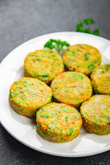 cutlet tasty vegetable dish potatoe, broccoli, carrot, onion, vegetables meal food snack on the table copy space food background rustic top view keto or paleo diet vegetarian vegan food no met