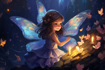 Obraz na płótnie Canvas Moonlit Magic: Girl and Glowing Butterfly Illuminate the Night