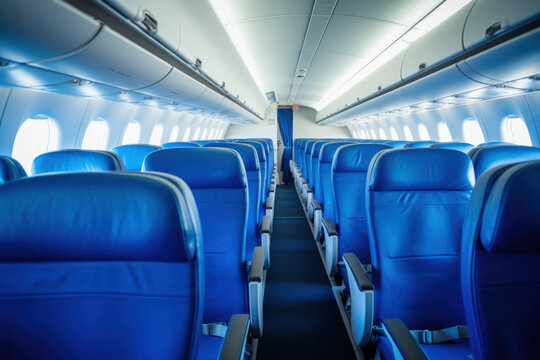 interior of empty modern aircraft with blue flight seats and hallway in daytime during flight