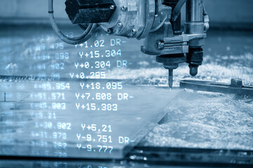 Abstract scene the multi-axis abrasive waterjet cutting machine and G-code data background.