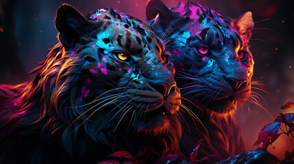 detailed photo of a troop of wild beasts, in a river with a psychedelic neon background, 3d generative ai