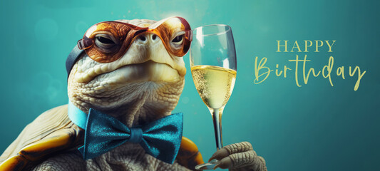 Happy Birthday party celebration greeting card with text - A funny turtle with champagne glass, champagne cheers during a celebration, isolated on blue background - obrazy, fototapety, plakaty