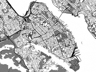 Naklejka premium Greyscale vector city map of Halifax Center Nova Scotia in Canada with with water, fields and parks, and roads on a white background.
