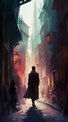 Person walking in dark alley oil painting, Generative AI illustrations