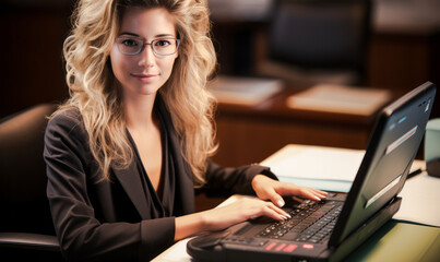 portrait of Court Reporter, who Use verbatim methods and equipment to capture, store, retrieve, and transcribe pretrial and trial proceedings or other information. Includes stenocaptioners - obrazy, fototapety, plakaty