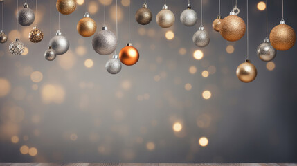 New Year's balls and toys on a gray background with lights and bokeh on Christmas Eve.