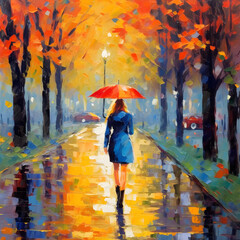 The person walking in the rain, Autumn Park painting