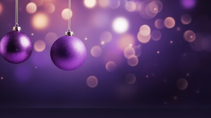 New Year's balls and toys on a purple background with bokeh lights on Christmas Eve. - obrazy, fototapety, plakaty