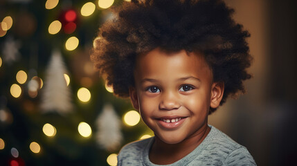 Portrait of a happy black child near the New Year tree on Christmas Eve.