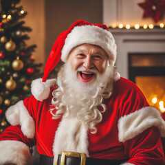 santa claus sitting at the table in a red chair, laughing, blurred background of a christmas decorated living room