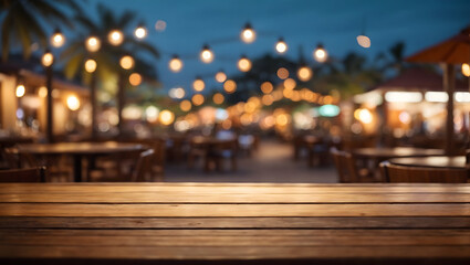 wooden table with blurred city background