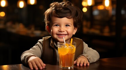 child drinking orange juice - obrazy, fototapety, plakaty
