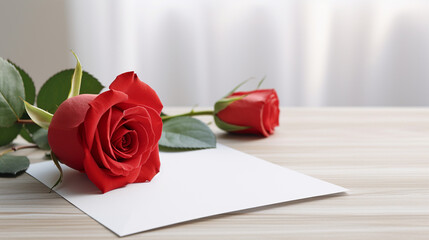 Two red roses and one white empty paper on the table 
