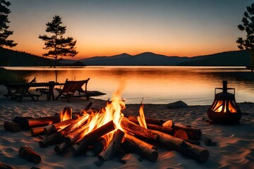 Flame-filled campfire by the water. Sunset with a fire, logs, and open flames. Nighttime camping on the beach. beautiful lake scenery - obrazy, fototapety, plakaty