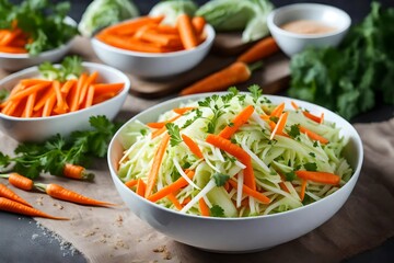 Fresh cabbage salad with carrots and cucumber in a white bowl - obrazy, fototapety, plakaty