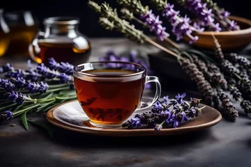 Fotobehang Fresh, delicious tea is served with lavender and lavender flowers on a gray stone table © Stone Shoaib