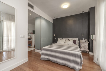 Double bedroom en suite with two-tone walls, wooden floors, bathroom with shower cabin with tempered glass panels and mirror hanging on the wall