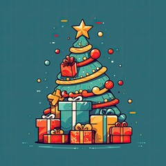 illustration of a decorated christmas tree with presents beneath. 