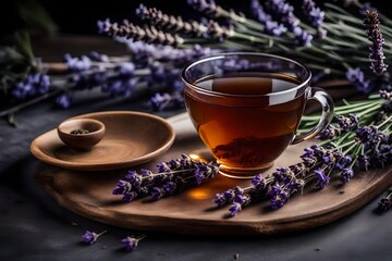 On a gray stone table, fresh, wonderful tea is accompanied with lavender and lavender flowers - obrazy, fototapety, plakaty