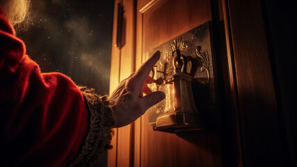 santas hand ringing a door bell of a rural house door with cinematic light 