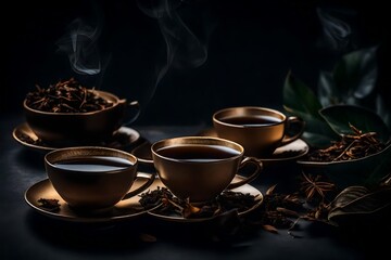 Obraz na płótnie Canvas Tea cups with dried leaf on the dark background