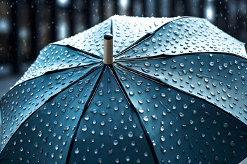 Blue umbrella and rain drops, rainy autumn weather