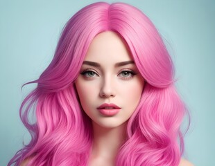 Fototapeta premium An emotional woman wearing a pink wig with pink lip makeup. Generative AI