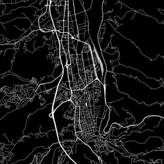 1:1 square aspect ratio vector road map of the city of  Cosenza in Italy with white roads on a black background.