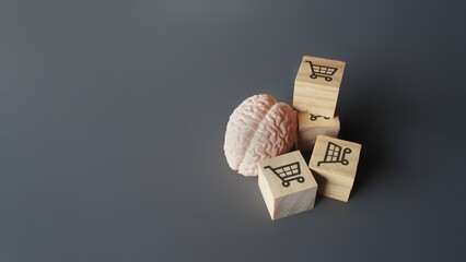 A human brain and wooden blocks with shopping carts icon. Consumer behavior, impulse buying and...