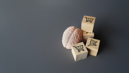 A human brain and wooden blocks with shopping carts icon. Consumer behavior, impulse buying and shopping addiction concept.