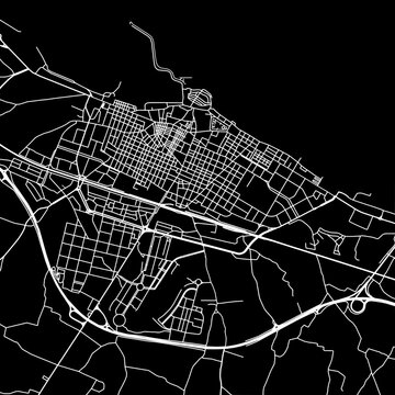 1:1 square aspect ratio vector road map of the city of  Molfetta in Italy with white roads on a black background.