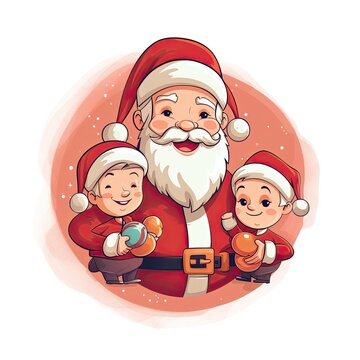 Funny illustration of a logo-like santa with children. 