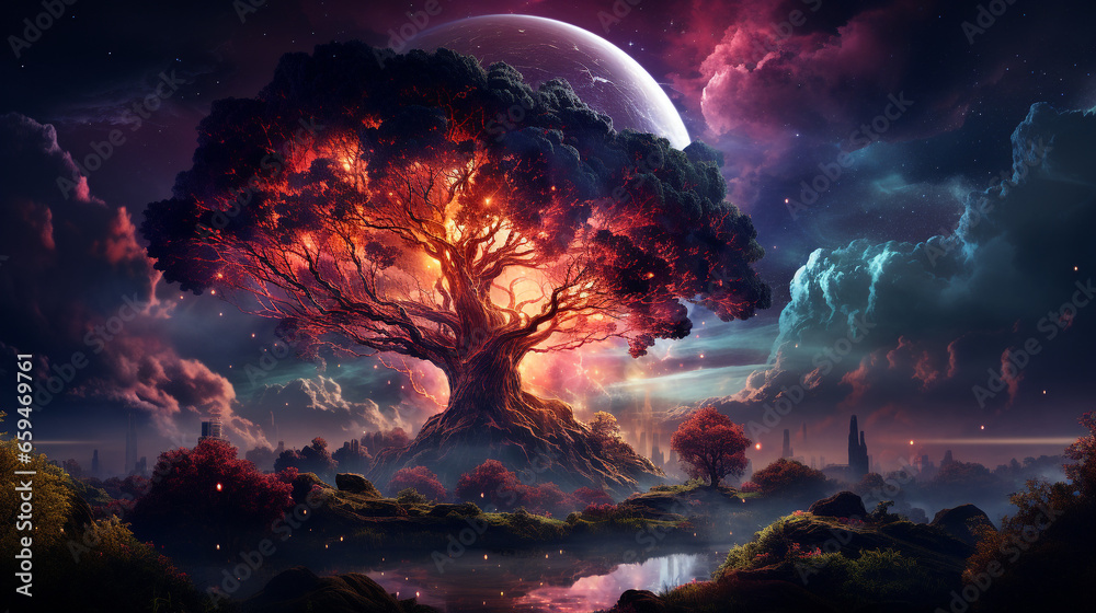 Wall mural huge trees of life blend with psychedelic colored galaxies with stars, galaxy clouds 3d generative a