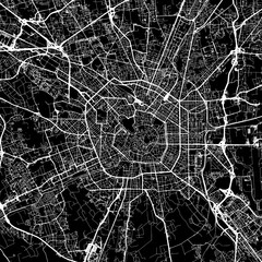 1:1 square aspect ratio vector road map of the city of  Milan Metropolis in Italy with white roads on a black background.