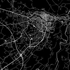 1:1 square aspect ratio vector road map of the city of  Ragusa in Italy with white roads on a black background.