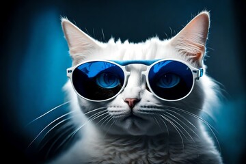 Naklejka premium a white cat,with onley 2eyes 4legs,sun glases on her eyes ,background is black and blue also close up shot