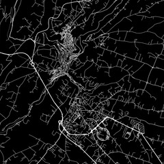 1:1 square aspect ratio vector road map of the city of  Modica in Italy with white roads on a black background.