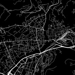1:1 square aspect ratio vector road map of the city of  Bolzano in Italy with white roads on a black background.