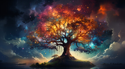 Fototapeta na wymiar huge trees of life blend with psychedelic colored galaxies with stars, galaxy clouds 3d generative ai