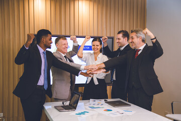 Celebrate and victory to business success with colleagues. Business celebration party event with co-worker partner in business marketing team, winner successful with startup teamwork together