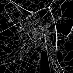 1:1 square aspect ratio vector road map of the city of  Foligno in Italy with white roads on a black background.