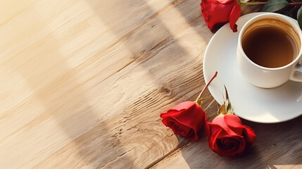 cup of Turkish coffee and  a few roses on the wooden table with copy space, top view