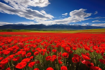 The poppy field and the beautiful clouds above it