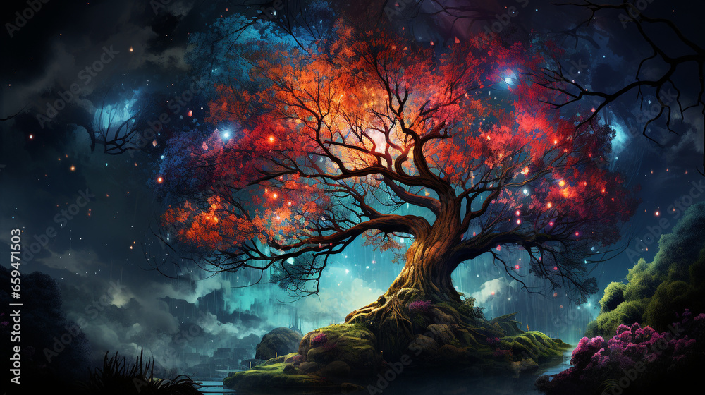 Wall mural huge trees of life blend with psychedelic colored galaxies with stars, galaxy clouds 3d generative a