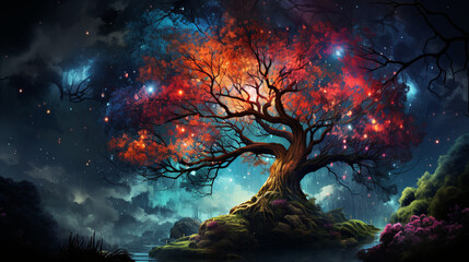 huge trees of life blend with psychedelic colored galaxies with stars, galaxy clouds 3d generative ai - obrazy, fototapety, plakaty