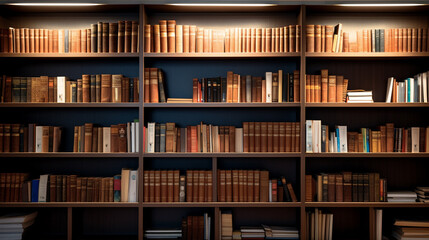 Bookshelves with top lighting in the dark abstract background
