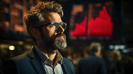 Stressed Business Man Trader Thinking at Workplace, broker investor analyzing. Computer screen with charts, panic digital stock market financial Crisis. Losing money of crisis, recession, inflation