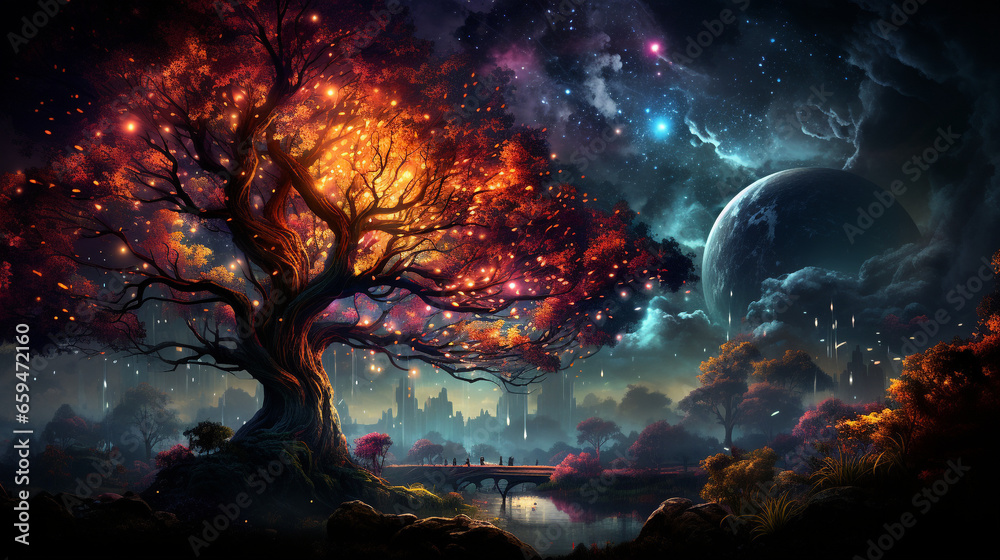 Wall mural huge trees of life blend with psychedelic colored galaxies with stars, galaxy clouds 3d generative a